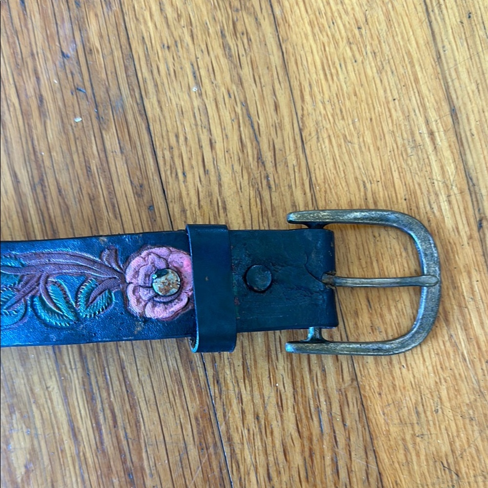 Black Leather Belt with Pink Floral Design